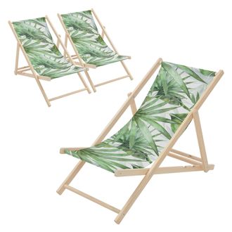 ECD Germany Ecd Germany 3x Sillas De Playa De Madera Con Dise&ntilde;o Palmera Verde-blanca Tumbona Plegable Con Respaldo Ajustable En 3 Posiciones De Reclinaci&oacute;n Asient
