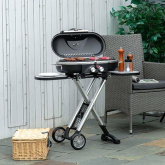 OUTSUNNY 2 Burner Gas BBQ Grill Trolley w/ Side Shelves Storage Pocket in Black