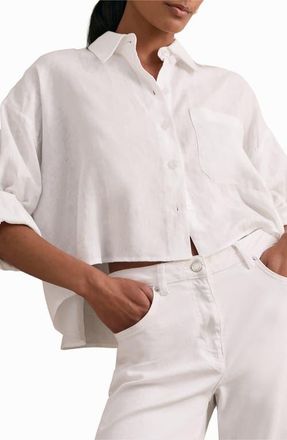 Reiss Solena Crop High-Low Linen Shirt in White at Nordstrom, Size 10 Us