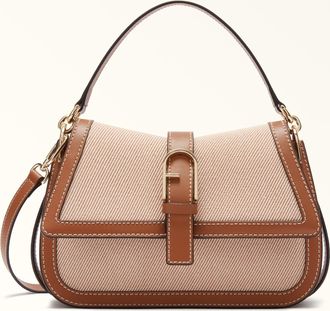 Furla Flow Borsa A Mano M Toni Cognac Marrone Tessuto Di Canvas + Pelle Di Vitello Sidney Donna