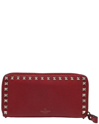 Valentino Burgundy Leather Rockstud Zip Around Continental Wallet