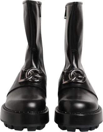 Dolce & Gabbana Black Logo Plaque Mid Calf Biker Boots Mens Shoes