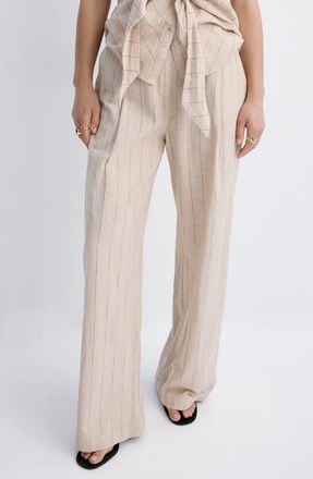 Mango Pinstripe Wide Leg Linen & Cotton Pants in Brown at Nordstrom, Size 2