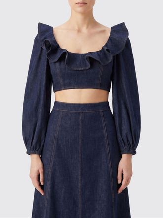 Zimmermann Top cropped in denim di cotone a maniche lunghe con rouches