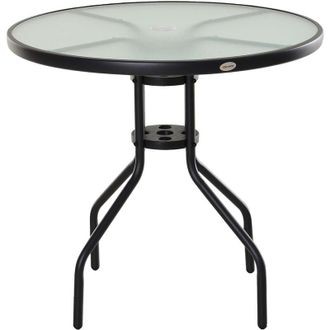 OUTSUNNY Mesa De Jard&iacute;n Redonda Mesa Comedor De Cristal Templado Con Agujero Para Sombrilla Y Estructura Met&aacute;lica Para Patio Terraza Balc&oacute;n Exterior &Oslash;80x72 Cm