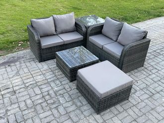 Fimous Rattan Sofa Set Outdoor Garden Furniture Set with Square Coffee Table Loveseat Sofa Big Footstool Side Table Dark Grey Mixed