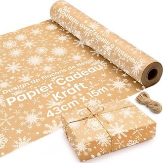 OEM Papel De Regalo Navide&ntilde;o Ecol&oacute;gico De 15 M - Papel Kraft Marr&oacute;n Con Dise&ntilde;o De Copos De Nieve Para Regalos