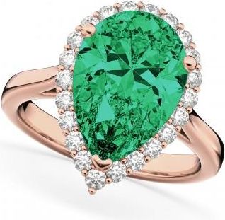 Allurez Pear Cut Halo Emerald & Diamond Engagement Ring 14K Rose Gold 6.54ct