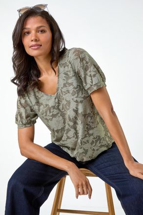 Roman Textured Floral Blouson Hem Stretch Top