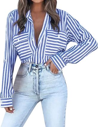 Generic New T Shirt Tops for Women Girl Button Pocket Roll Up Sleeves Blouse Loose Top Quarter Sleeve (Dark Blue, M)