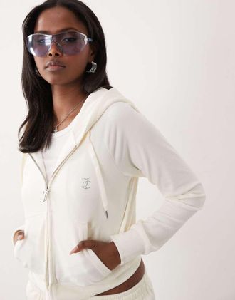 Juicy Couture Felpa con cappuccio in velour color crema con zip e logo in strass in coordinato-Bianco
