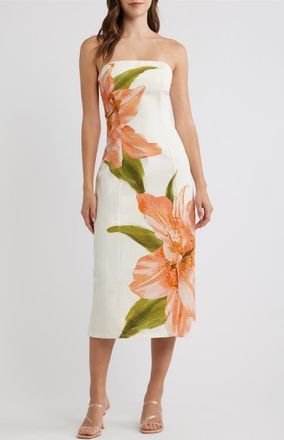 Flying Tomato Floral Strapless Stretch Cotton Sheath Dress in Ivory at Nordstrom, Size Medium