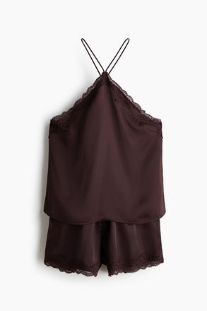 H&M Nachtw&auml;sche aus Satin mit Spitze - Dunkelbraun