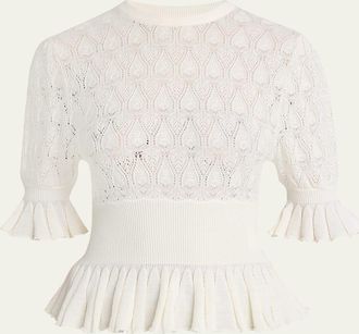 Chloé Short-Sleeve Pointelle Peplum Sweater
