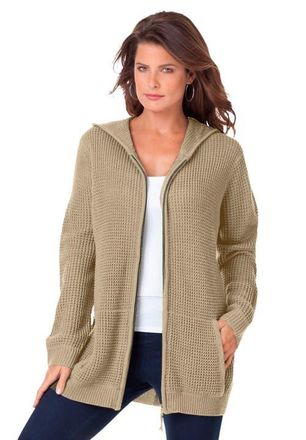 Roaman's Plus Size Waffle Knit Zip-Front Relaxed Hoodie in Sandy Beige at Nordstrom, Size Small