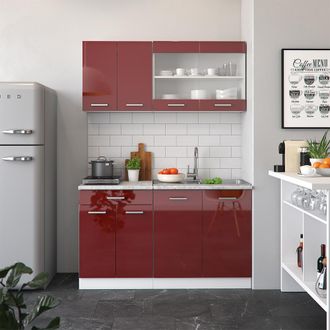 Vicco Cocina Para Solteros R-line, Burdeos Brillo Intenso/blanco, 140 Cm, Et M&aacute;rmol