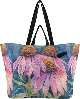 Generic Pink Flower Blue pattern Reusable Canvas Tote Bag, Heavy Duty Grocery Shopping Bag with Double Handles Hard Bottom Large Capacity Work Groceries Trave