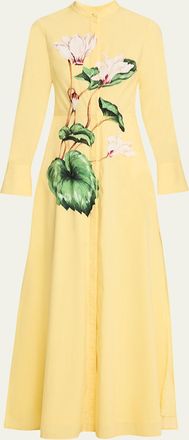 Oscar De La Renta Long-Sleeve Chine Cyclamen Poplin Maxi Shirtdress