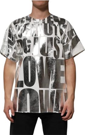 Dolce & Gabbana Wit Metallic Slogan Print T-shirt - Heren - T-shirts - Wit - M - Katoen - Tops