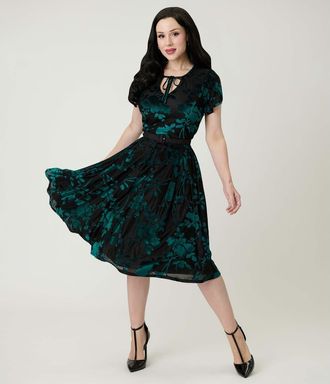 Unique Vintage Short Petal Sleeve Tie Neck Dahlia Swing Dress in Teal at Nordstrom, Size Medium