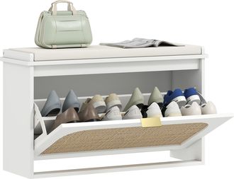 HOMCOM Homcom Banco Zapatero Boho Estrecho Con Asiento Acolchado, Puerta De Rat&aacute;n, Caj&oacute;n Abatible, Estante Ajustable, Para 8 Pares, 80x26x47,5 Cm, Blanco