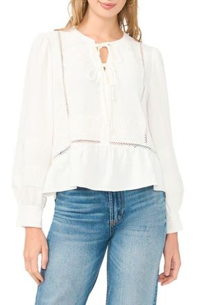 Vince Camuto Lace Yoke Tie Front Long Sleeve Top in Ultra White at Nordstrom, Size X-Large P