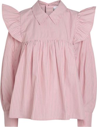 Ganni Striped Frilled Cotton-poplin Blouse - Light Pink - 42 (UK14 / L)