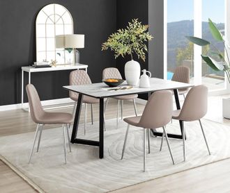 Furniturebox Carson White Marble Effect Dining Table & 6 Corona Silver Chairs in Beige