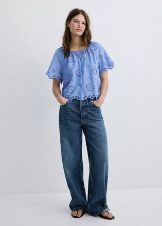 Mango Blusa 100% cotone con ricami traforati blu - Donna - XXS - MANGO