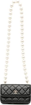 Chanel Black CC Lambskin About Pearls Card Holder On Chain