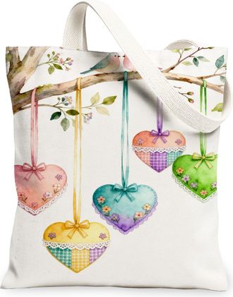 Generic Heart Pattern Canvas Tote Bags, Floral Design Reusable Grocery Bags, Spring Lightweight Washable Shoulder Strap Canvas for, Multi-color, 13x15 Inch