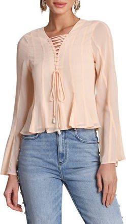 Avec Les Filles Lace-Up Front Godet Chiffon Top in Peach at Nordstrom, Size X-Small