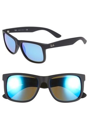 Ray-Ban Justin 54mm Rectangular Sunglasses in Black/green Mirror/blue at Nordstrom
