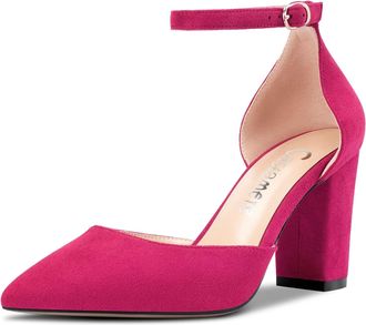 Castamere Women Chunky Block High Heel Pointed Toe Pumps Court Shoe Ankle Strap Buckle Wedding Party Sexy 8.5 CM Heels Magenta Peach Red A 10.5 UK