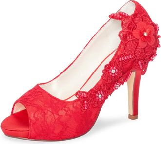 Emily Bridalwear Wedding Shoes Lace Wedding Shoes Lace Peep Toe High Heel Bridal Shoes (EU39/UK6, Red)