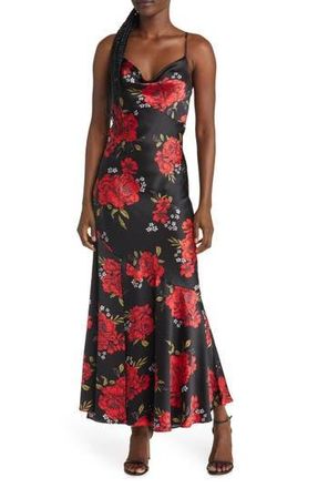Lulus Extra Sultry Floral Cowl Neck Satin Slipdress in Black Floral Print at Nordstrom Rack, Size Large