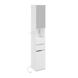 SoBuy Sobuy Mueble Columna De Ba&ntilde;o Alto Y Estrecho Blanco Armario De Ba&ntilde;o Con Espejo, 2 Cajones Y Cesto Para Ropa Sucia Mueble Auxiliar Moderno Con Enchufe 
