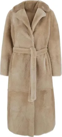 Yves Salomon Lange Omkeerbare Geknoopte Shearling Jas - Dames - Jassen - Beige - L - Leer - Jassen