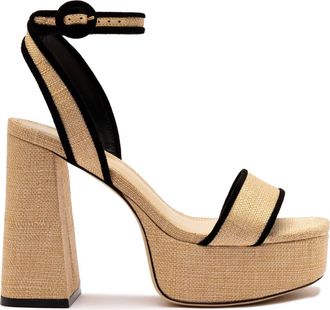 Larroude Dolly Sandal in Beige Raffia And Black at Nordstrom, Size 7.5
