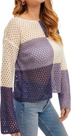 Hem & Thread Color Block Fishnet Boat Neck Sweater In Blue/cream