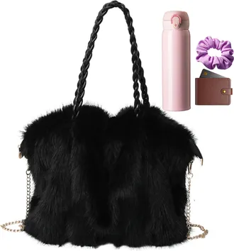 Generic Furry Purse - Soft Faux Bag with Leather Handle and Removable Strap, Plush Fuzzy Bag for Women, Bag | Casual Everyday Shopping Travel Trip Holiday Dee
