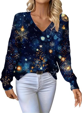 Generic Christmas Jumper Womens V-Neck Sparkly Christmas Tree Print Knitwear Ladies Causal Long Sleeve Jumper Warm Chunky Comfy Jumpers Chic Xmas Sweater for 