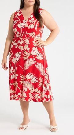 Anne Klein Tropical Floral Print Sleeveless Midi Dress in Begonia Red Mlt at Nordstrom, Size 3 X