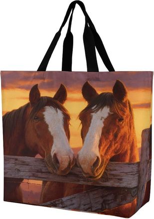 Generic Two Horses Sunset Large Reusable Shopping Bag Lightweight Foldable Tote Bags Washable Shoulder Handbag