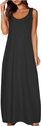 Generic Womens Casual Sleeveless Sundress Plain Sexy Round Neck Maxi Dress with Pockets Ladies Loose Fit Pullover Long Dresses Baggy Summer Lounge Comfy Plus 