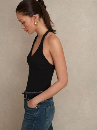 Reiss Black Twist-strap Rib-knit Vest, XL