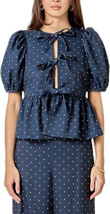 English Factory Dot Tie Front Puff Sleeve Top in Navy at Nordstrom, Size X-Small