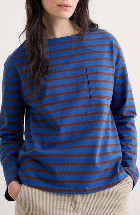 Seasalt Cornwall Beach Stripe Organic Cotton Boat Neck Top in Breton Ink Cocoa at Nordstrom, Size 16 Us