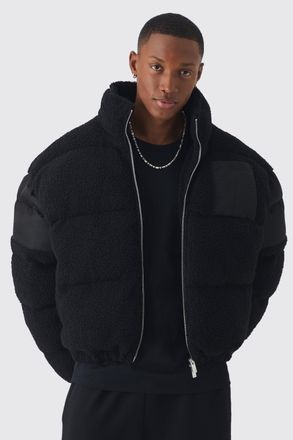 Boohooman Mens Borg & Nylon Funnel Neck Puffer In Black - Size X-Small