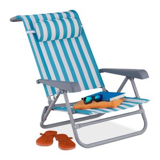 Relaxdays Relaxdays - Tumbona Playa Plegable, Reclinable, 8 Niveles, Silla Piscina Reposacabezas, Abrebotellas, Rayas, Azul Y Blanco